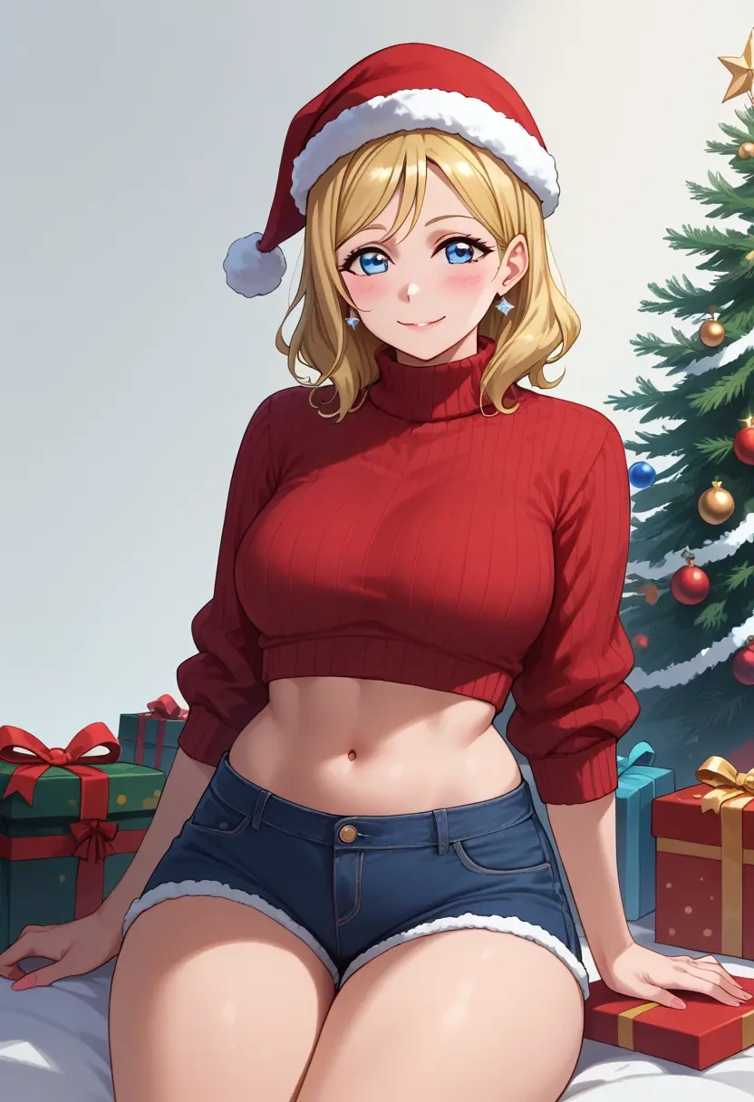 love_live!,ayase_eli,Christmas,red velvet shorts,turtleneck sweater  - 