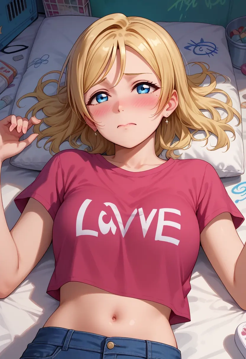 love_live!,ayase_eli,crop graffiti tee,dolphin shorts  - 