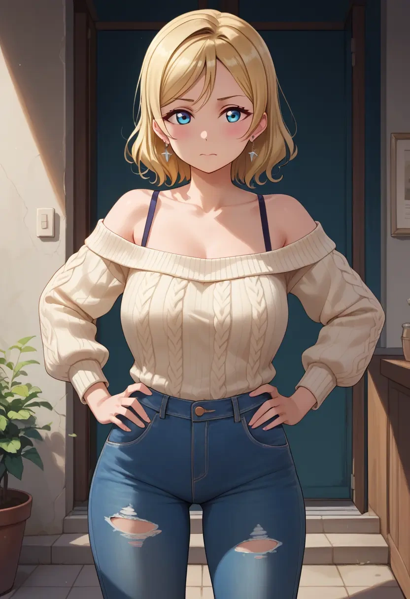 love_live!,ayase_eli,sweater,off-shoulder,ripped jeans  - 