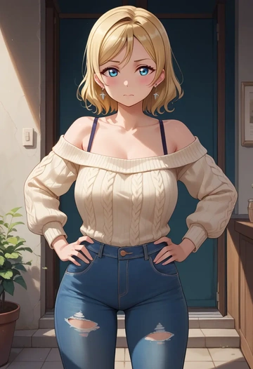 love_live!,ayase_eli,sweater,off-shoulder,ripped jeans  - AI generated anime art