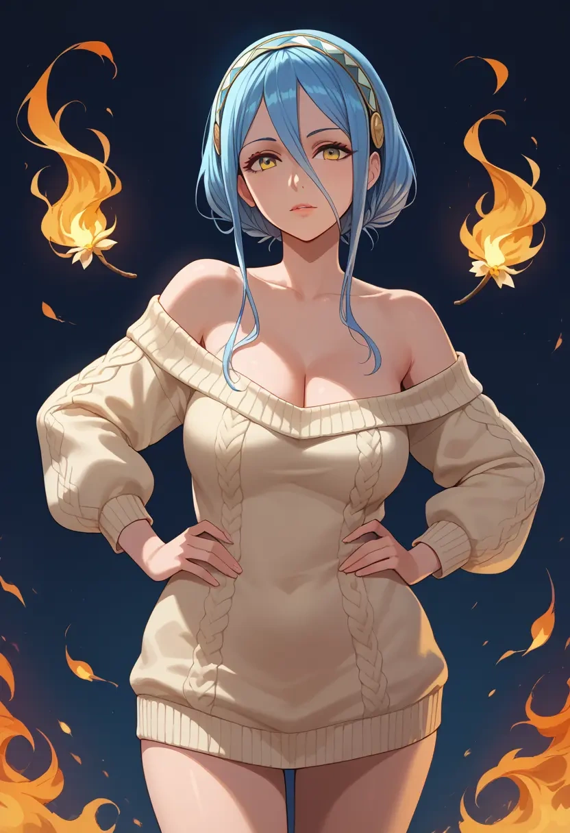 fire_emblem,azura_(fire_emblem),Hands on hips,off-shoulder,sweater  - 