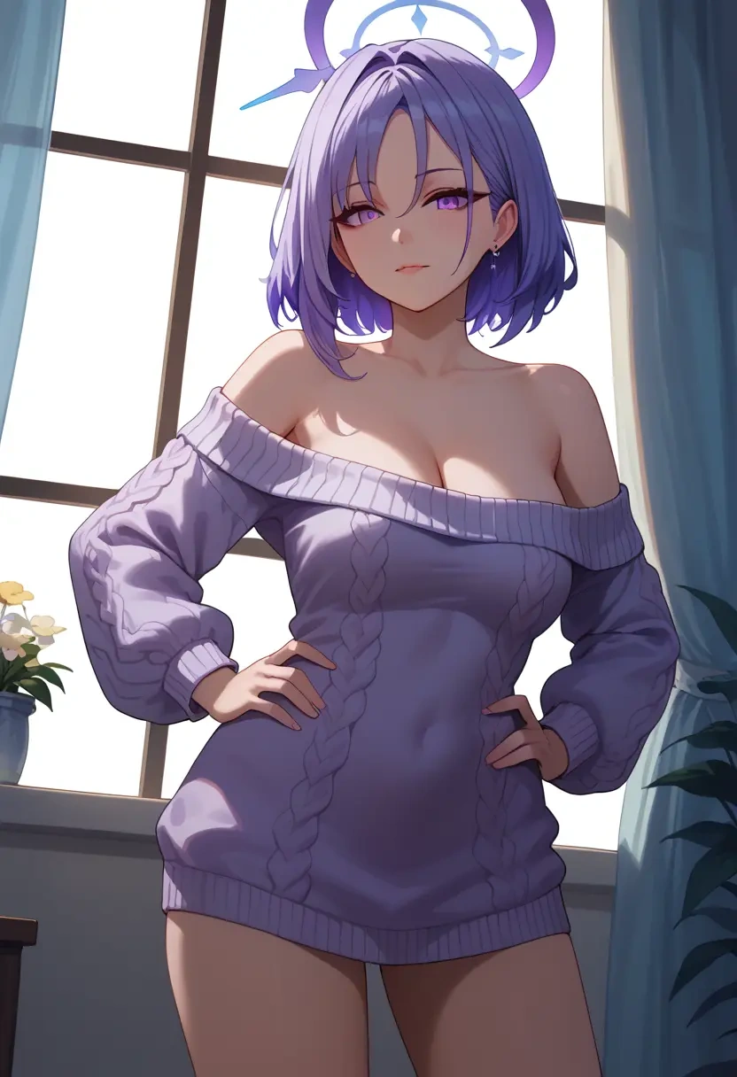 blue_archive,azusa_(blue_archive),Hands on hips,off-shoulder,sweater  - 