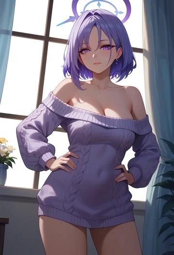 blue_archive,azusa_(blue_archive),Hands on hips,off-shoulder,sweater  - AI generated anime art