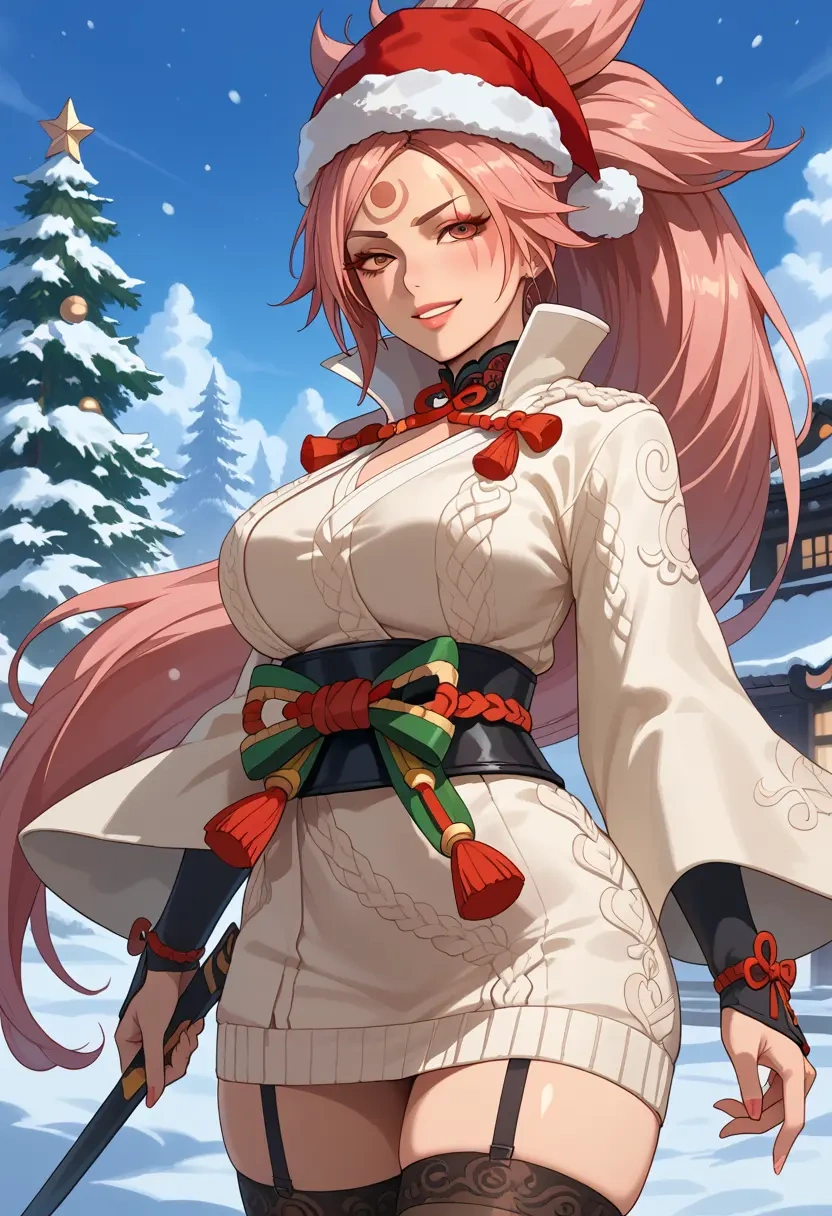 guilty_gear,baiken,Christmas,sweater dress,stockings  - 