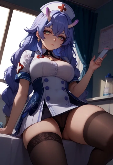 star rail,bailu,nurse pantyhose,mini skirt, sexy  - AI generated anime art