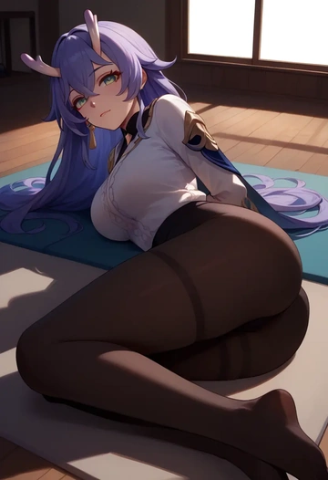 star rail,bailu,yoga,lying, spread legs,sexy,  - AI generated anime art