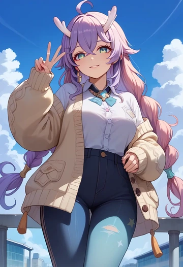 star rail,bailu,cardigan,oversized,wide-leg pants  - AI generated anime art