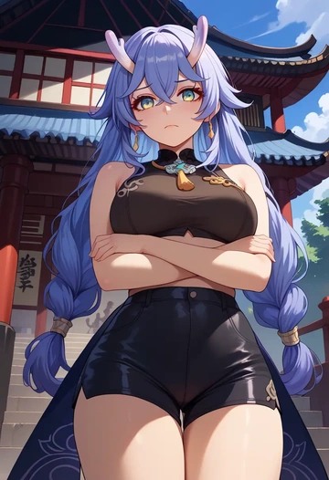 star rail,bailu,leather,shorts,crop top  - AI generated anime art