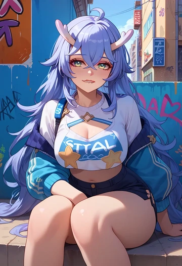 star rail,bailu,cropped graffiti sweatshirt,dolphin shorts  - AI generated anime art