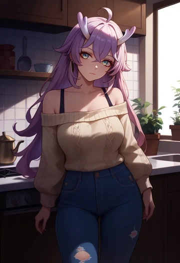 star rail,bailu,sweater,off-shoulder,ripped jeans  - AI generated anime art