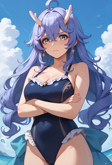 star rail,bailu,retro style swimsuit,frilled neckline,bow detail  - AI generated anime art