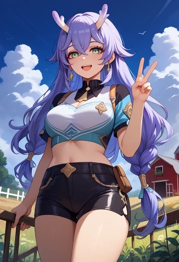 star rail,bailu,leather,shorts,crop top  - AI generated anime art