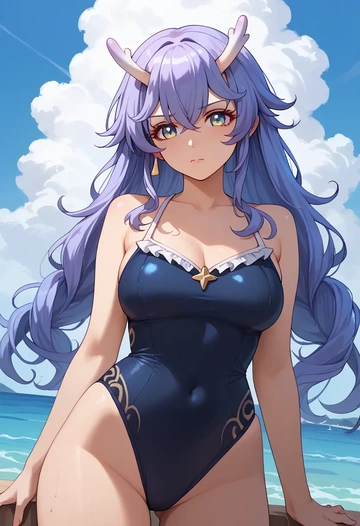 star rail,bailu,retro style swimsuit,frilled neckline,bow detail  - AI generated anime art