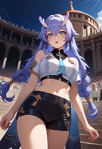 star rail,bailu,leather,shorts,crop top  - AI generated anime art