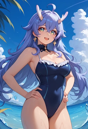 star rail,bailu,retro style swimsuit,frilled neckline,bow detail  - AI generated anime art