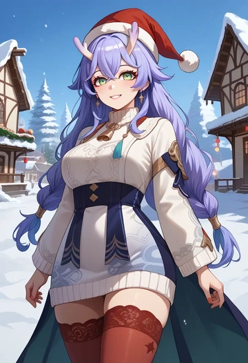 star rail,bailu,Christmas,sweater dress,stockings  - AI generated anime art