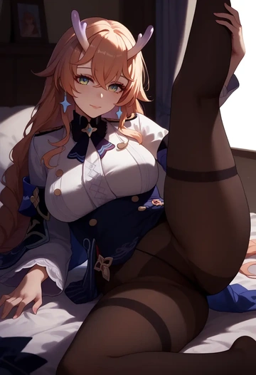 star rail,bailu,pantyhose,stocking,spread legs,one leg up,sexy  - AI generated anime art