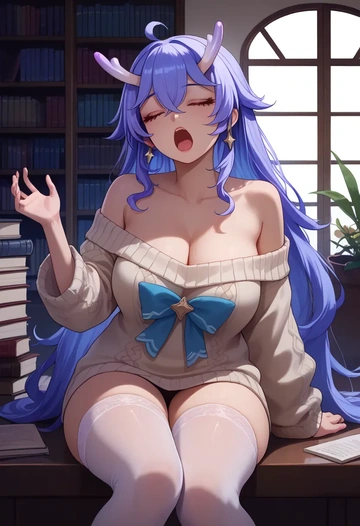 star rail,bailu,Yawning,off-shoulder,sweater,stockings  - AI generated anime art