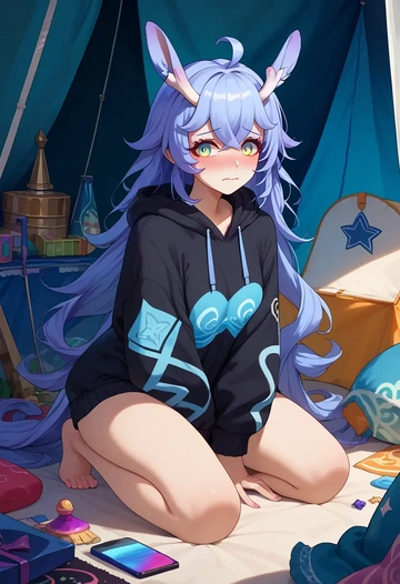 star rail,bailu,oversized graphic hoodie,thigh-high socks,shorts  - AI generated anime art