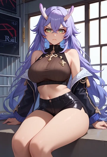 star rail,bailu,leather,shorts,crop top  - AI generated anime art