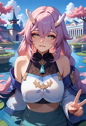 star rail,bailu,off-shoulder top,dolphin shorts  - AI generated anime art