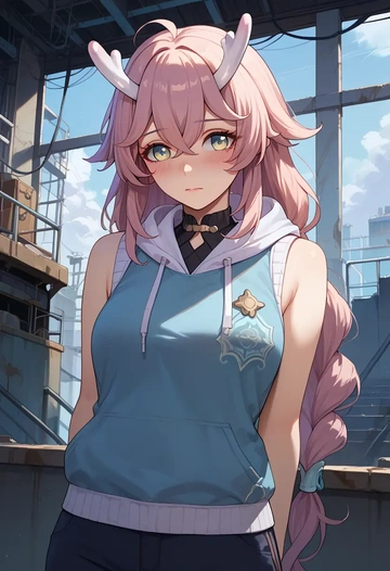 star rail,bailu,sleeveless hoodie,biker shorts  - AI generated anime art