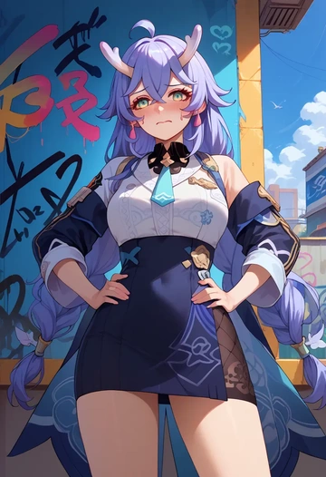 star rail,bailu,patchwork graffiti top,dolphin shorts  - AI generated anime art