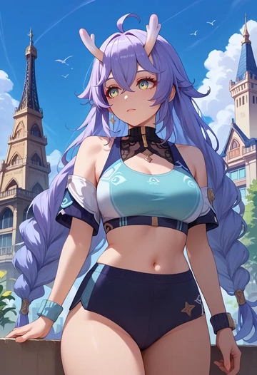 star rail,bailu,tankini top,board shorts  - AI generated anime art