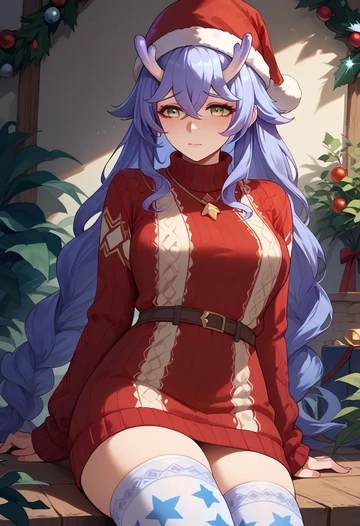 star rail,bailu,Christmas,sweater dress,stockings  - AI generated anime art