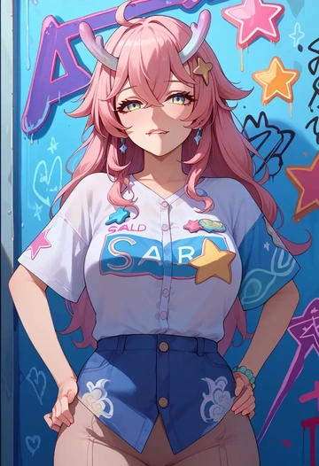 star rail,bailu,oversized graffiti shirt,dolphin shorts  - AI generated anime art