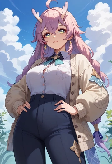 star rail,bailu,cardigan,oversized,wide-leg pants  - AI generated anime art