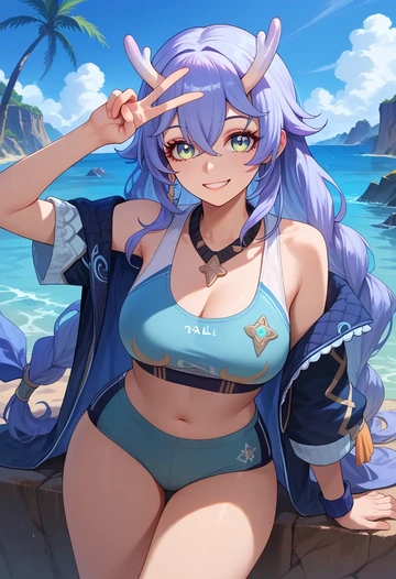 star rail,bailu,tankini top,board shorts  - AI generated anime art