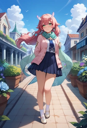 star rail,bailu,spring,student uniform,light cardigan  - AI generated anime art