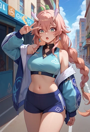 star rail,bailu,sports crop,high-waisted shorts  - AI generated anime art