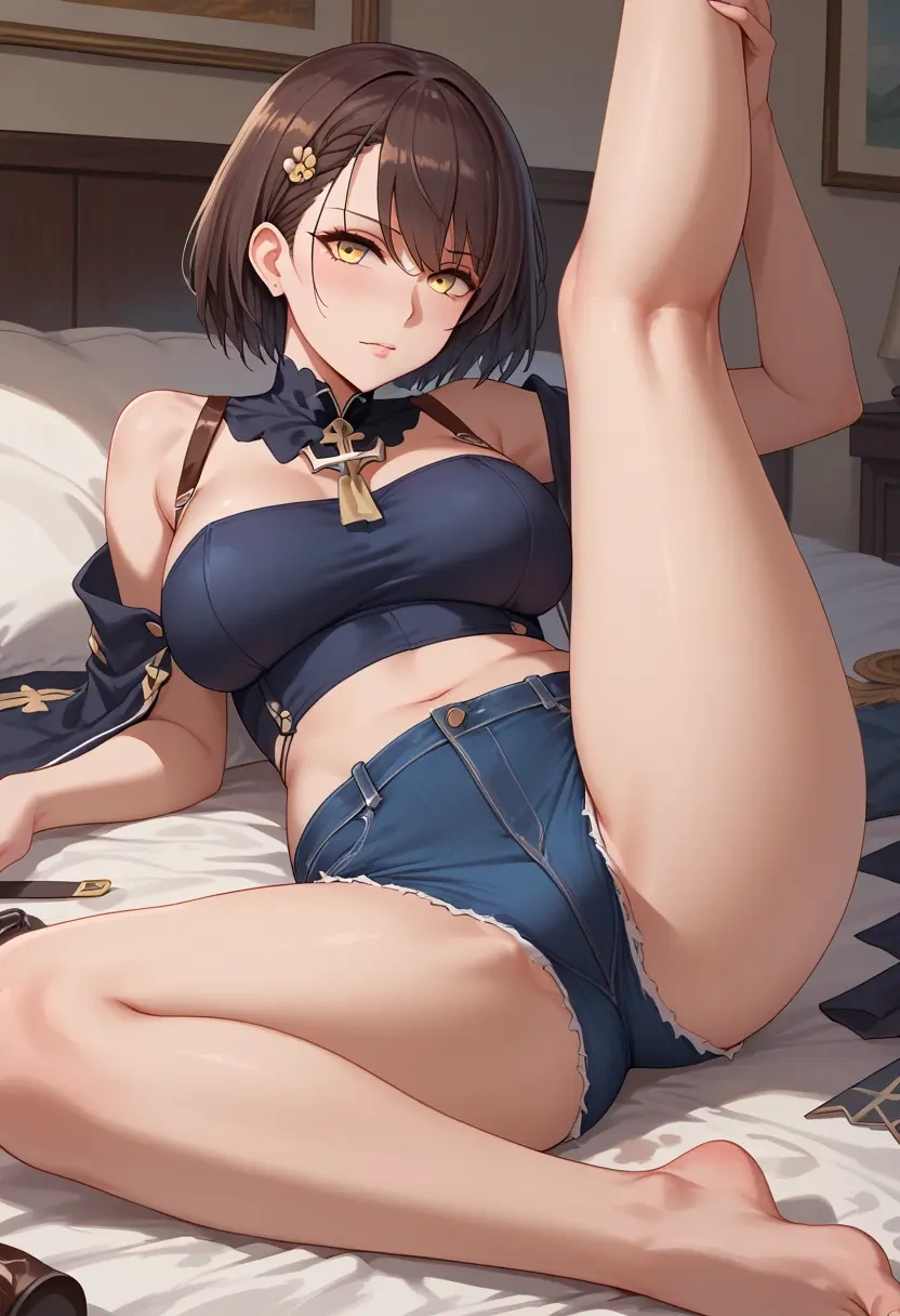 azur_lane,baltimore_(azur_lane),jeans shorts,spread legs,one leg up,sexy  - 