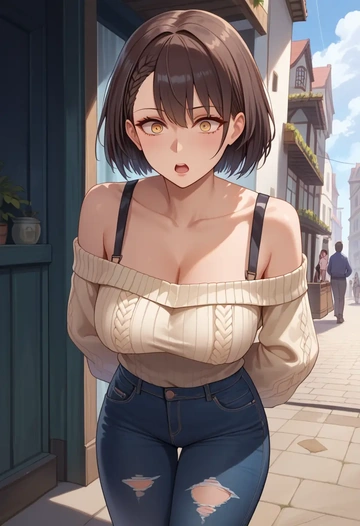 azur_lane,baltimore_(azur_lane),sweater,off-shoulder,ripped jeans  - AI generated anime art