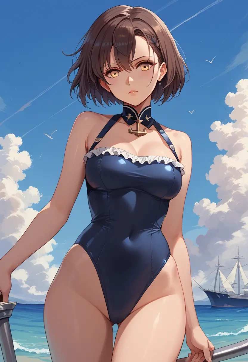 azur_lane,baltimore_(azur_lane),retro style swimsuit,frilled neckline,bow detail  - 