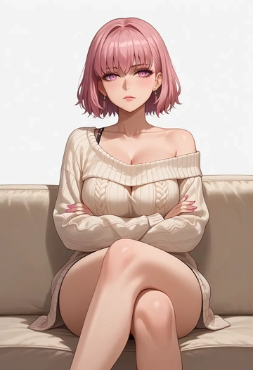 fate_(series),baobhan_sith_(fate),arms crossed,off-shoulder,sweater,cross-legged  - AI generated anime art