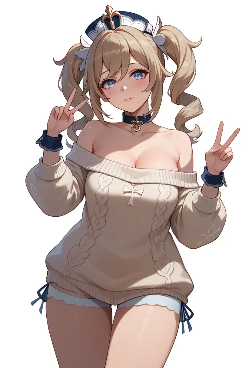 genshin impact,barbara_(genshin_impact),blushing,collar,peace sign,off-shoulder,sweater  - 