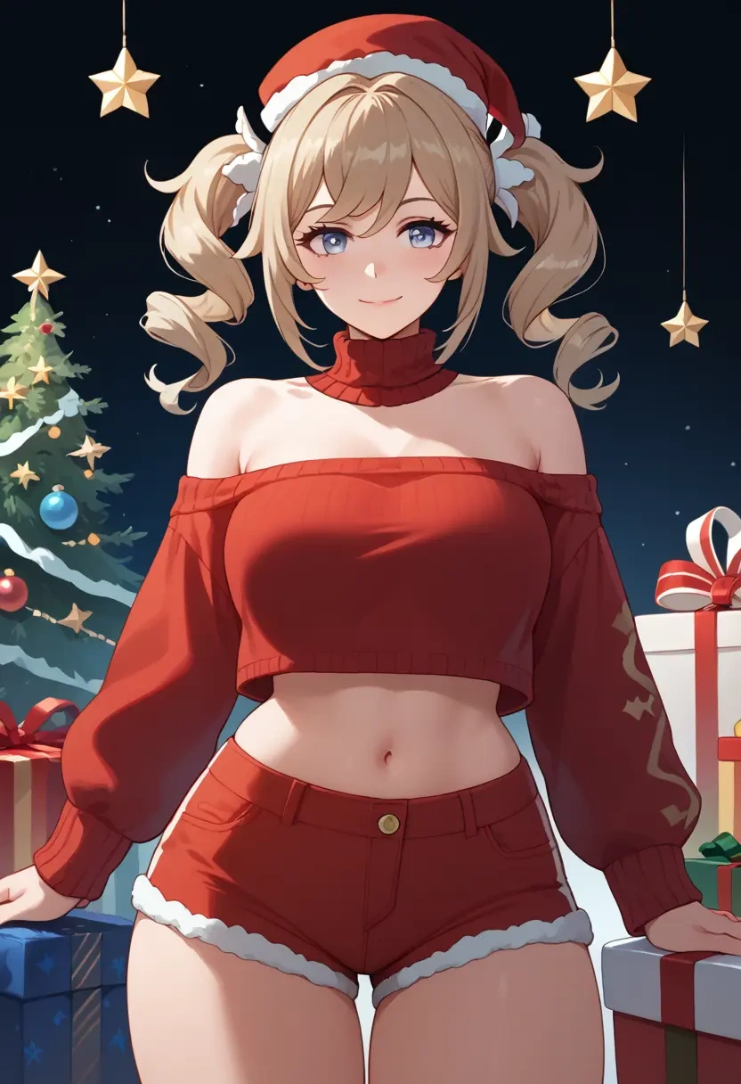 genshin impact,barbara_(genshin_impact),Christmas,red velvet shorts,turtleneck sweater  - 