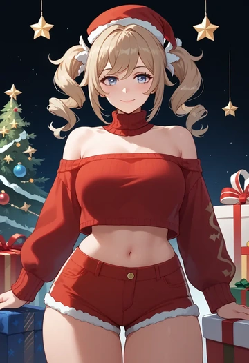 genshin impact,barbara_(genshin_impact),Christmas,red velvet shorts,turtleneck sweater  - AI generated anime art