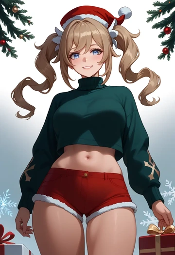 genshin impact,barbara_(genshin_impact),Christmas,red velvet shorts,turtleneck sweater  - AI generated anime art