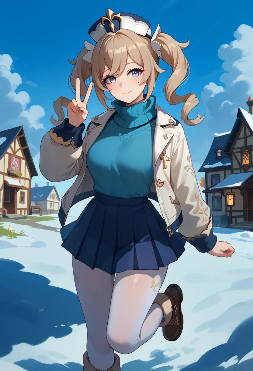 genshin impact,barbara_(genshin_impact),winter,student uniform,puffer jacket  - 