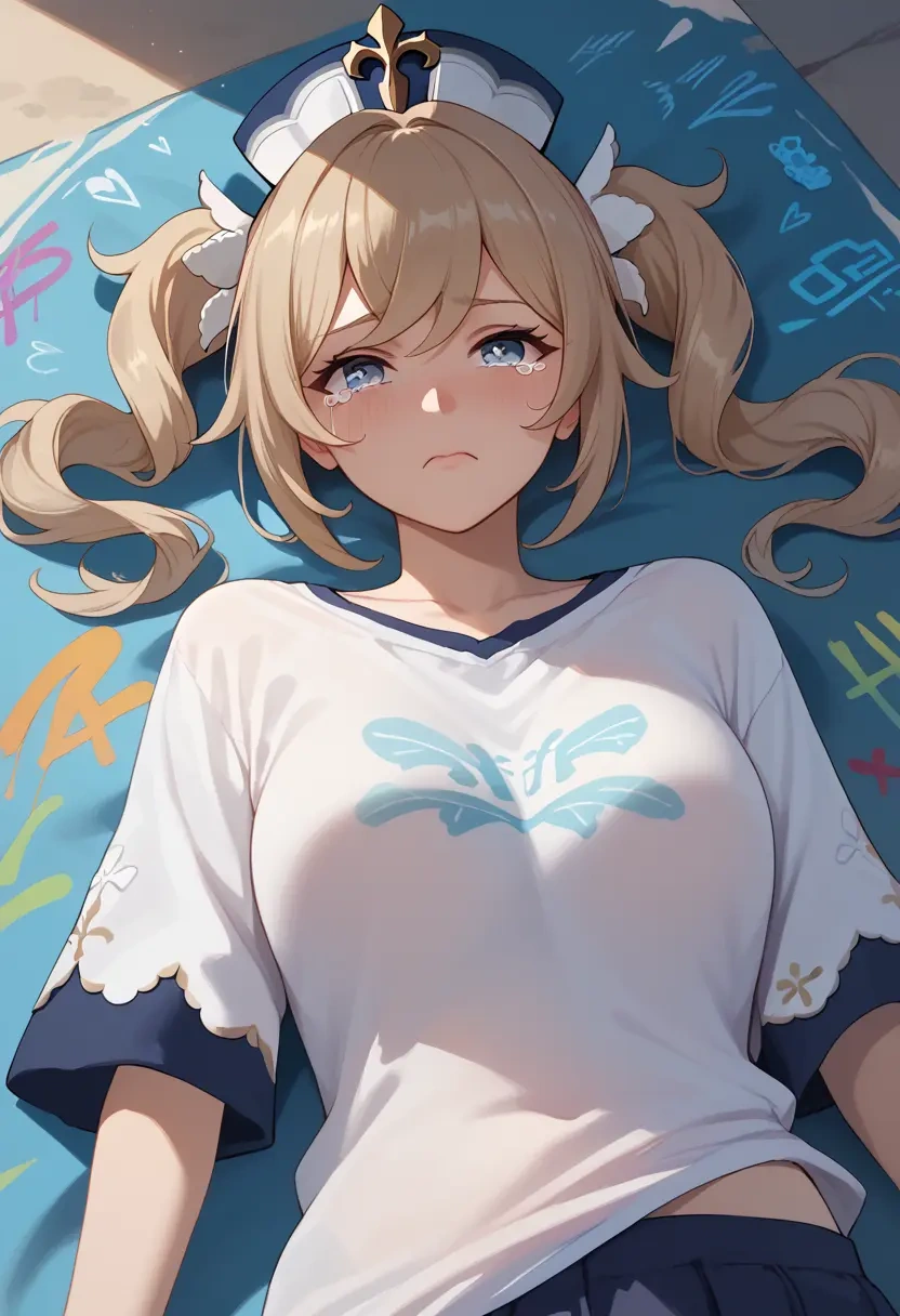 genshin impact,barbara_(genshin_impact),oversized graffiti shirt,dolphin shorts  - 