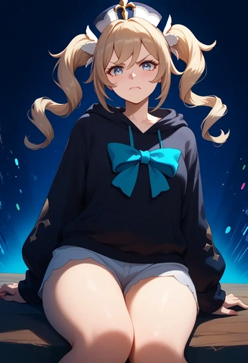 genshin impact,barbara_(genshin_impact),oversized graphic hoodie,thigh-high socks,shorts  - AI generated anime art