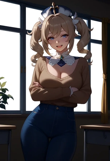 genshin impact,barbara_(genshin_impact),teacher, sweater, jeans shorts  - AI generated anime art