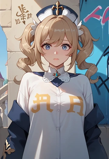 genshin impact,barbara_(genshin_impact),oversized graffiti shirt,dolphin shorts  - AI generated anime art