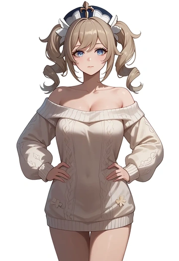 genshin impact,barbara_(genshin_impact),Hands on hips,off-shoulder,sweater  - AI generated anime art