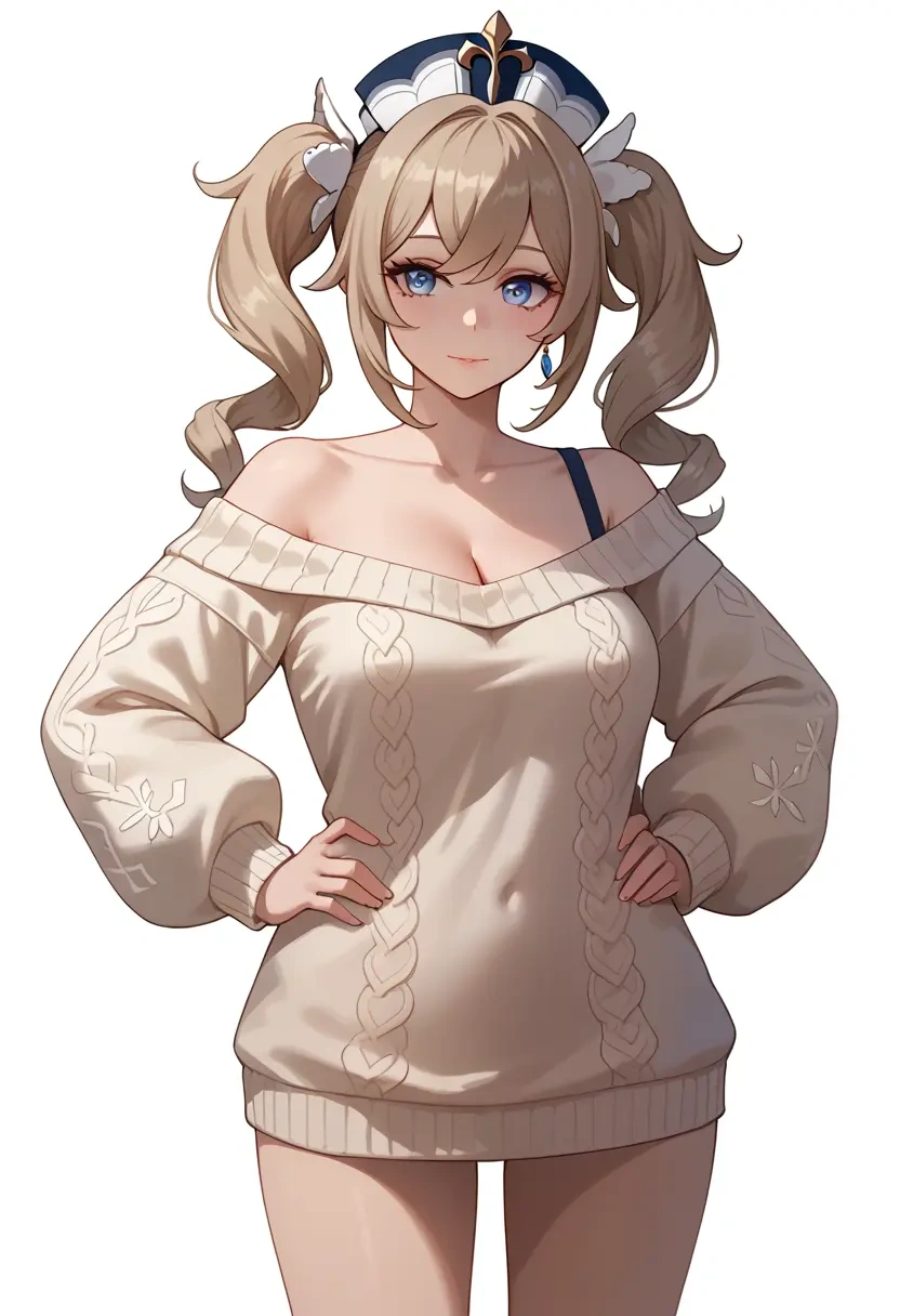 genshin impact,barbara_(genshin_impact),Hands on hips,off-shoulder,sweater  - 