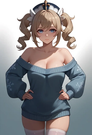 genshin impact,barbara_(genshin_impact),Hands on hips,off-shoulder,sweater,stockings  - AI generated anime art